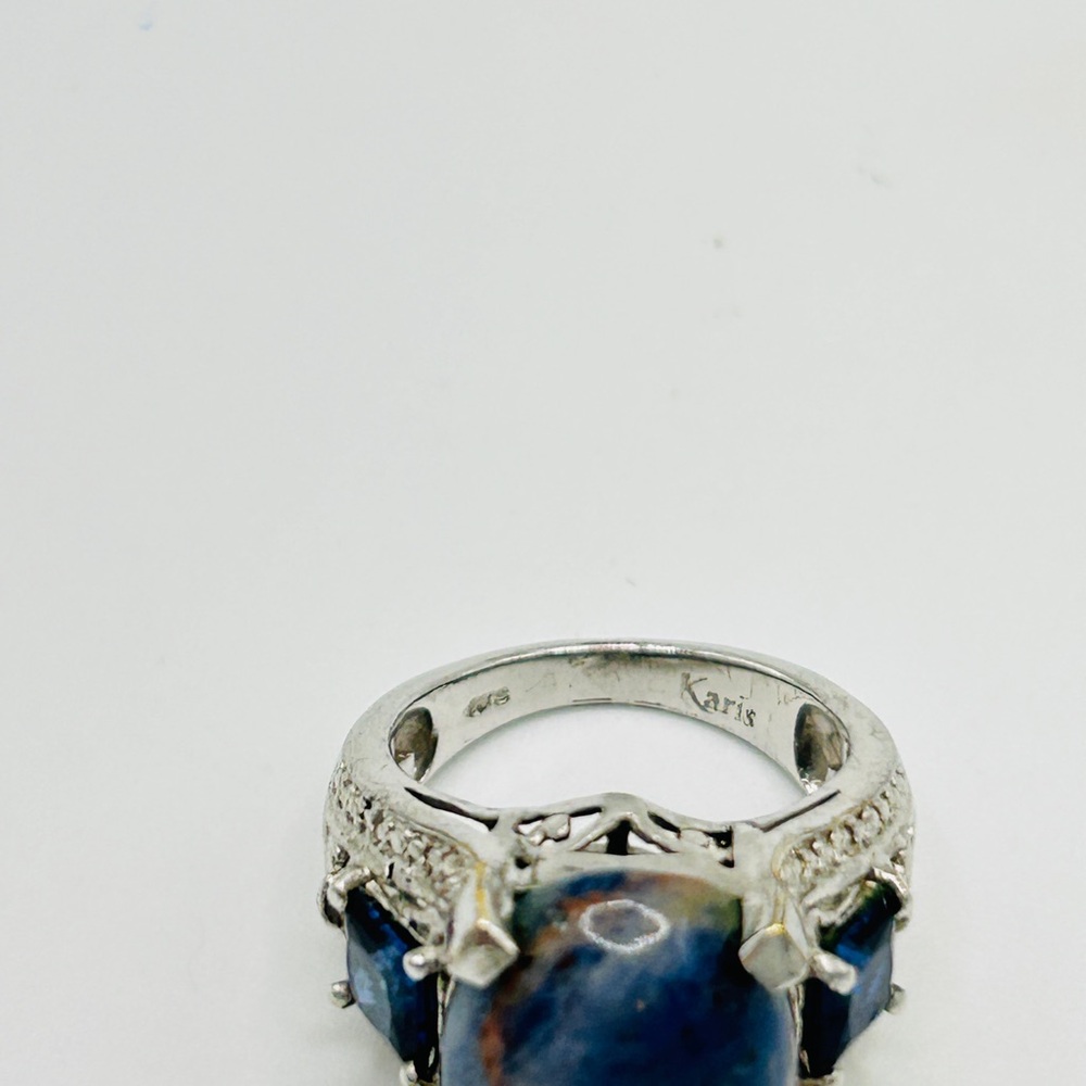 Sodalite and Simulated Sapphire Ring; Size 6; Stainless Steel - Picture 2 of 9